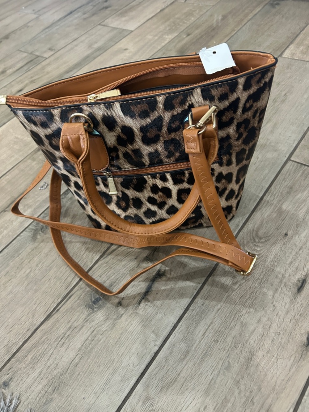 Leopard Print Tote Bag with Tan Trim
